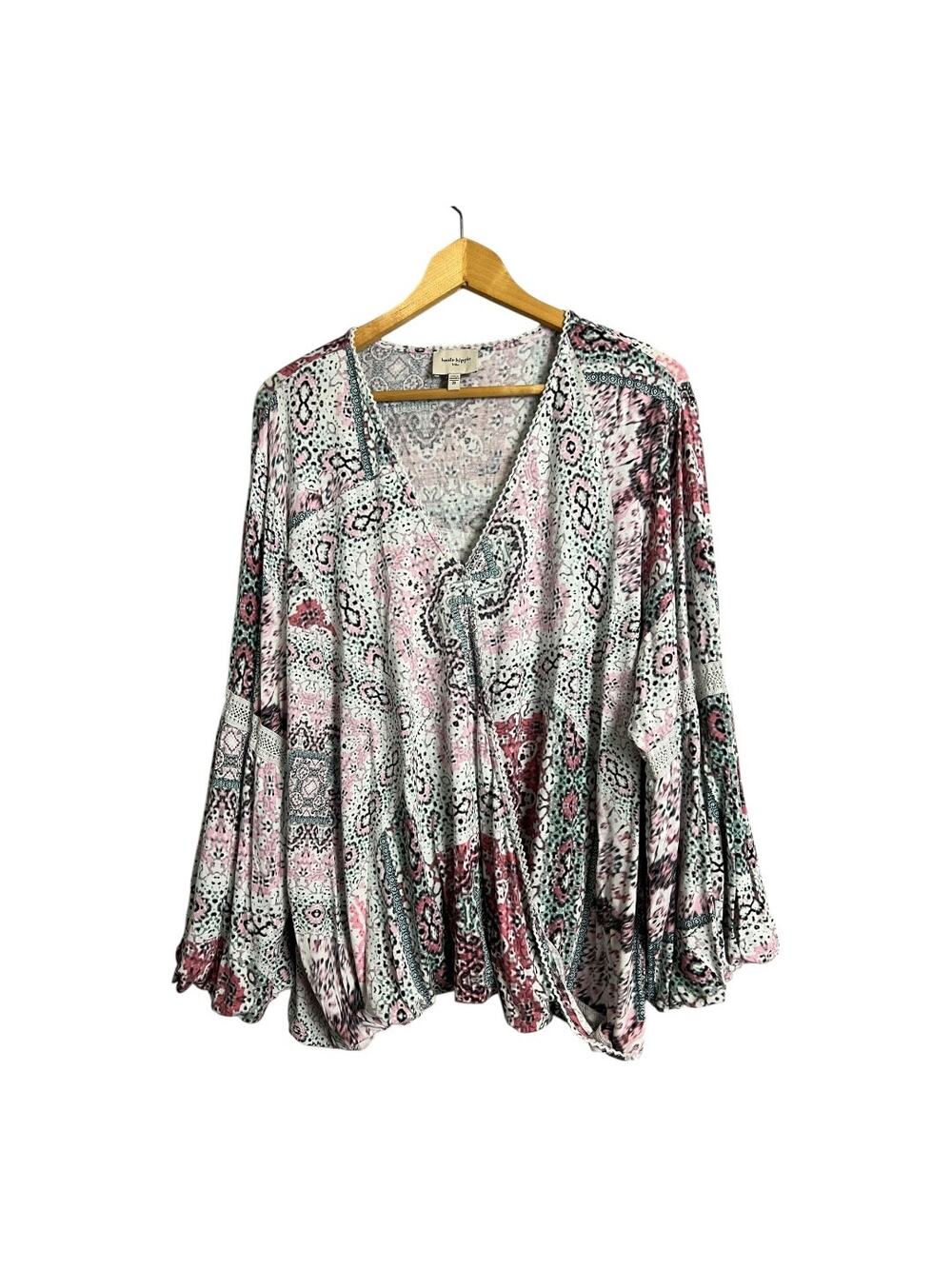 Haute Hippie Tribe Floral Blouse Womens 3X Pink Surplice Boho Peasant Top